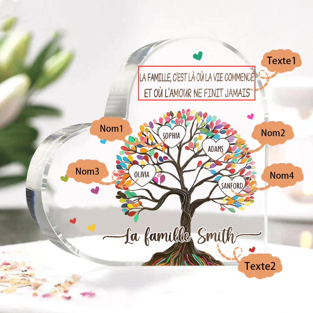 Plaque Acrylique Personnalisé avec 4 PrénomS et Textes Plaque Coeur Arbre de Vie Cadeau Famille | Jessemade