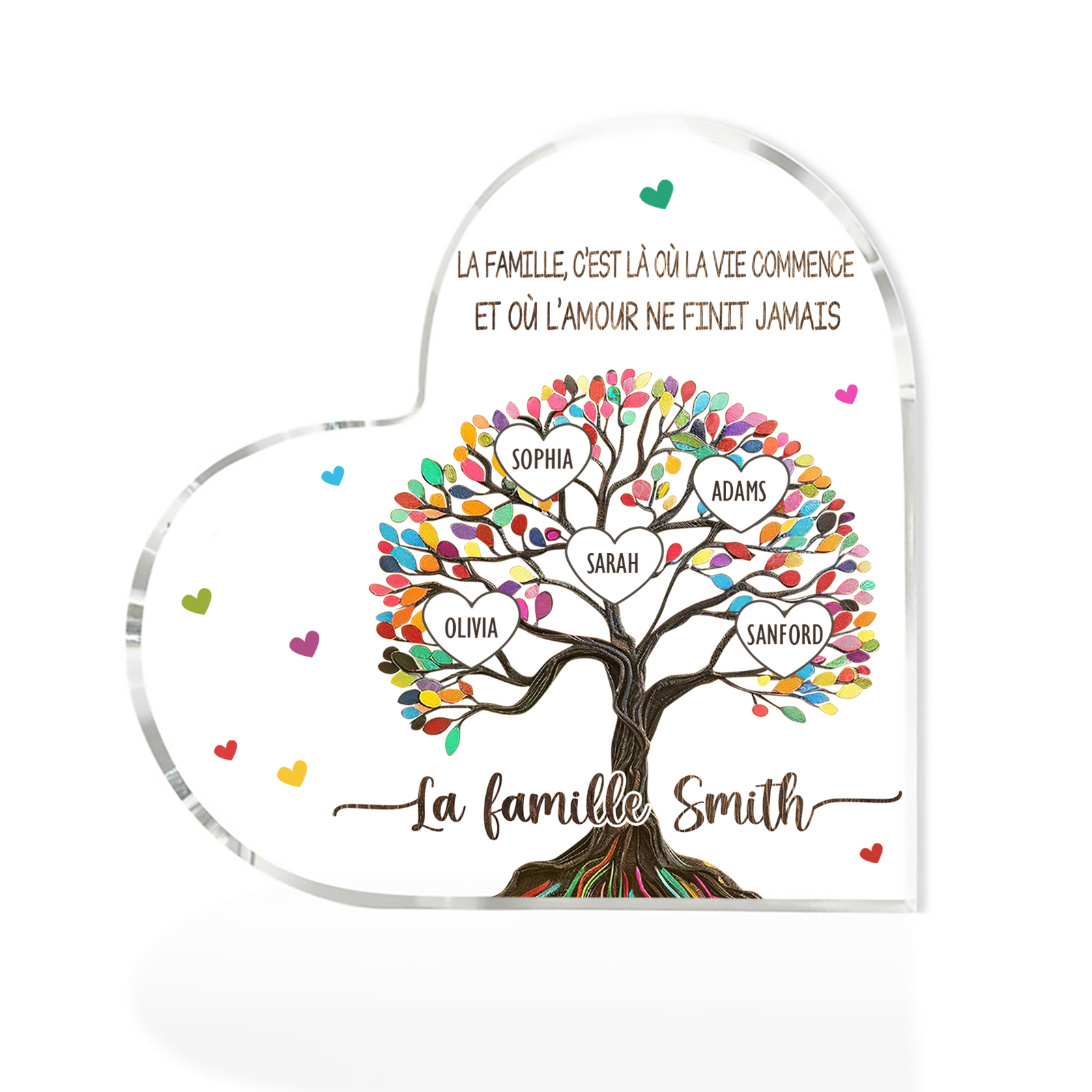 Plaque Acrylique Personnalisé avec 5 Prénoms et Textes Plaque Coeur Arbre de Vie Cadeau Famille | Jessemade
