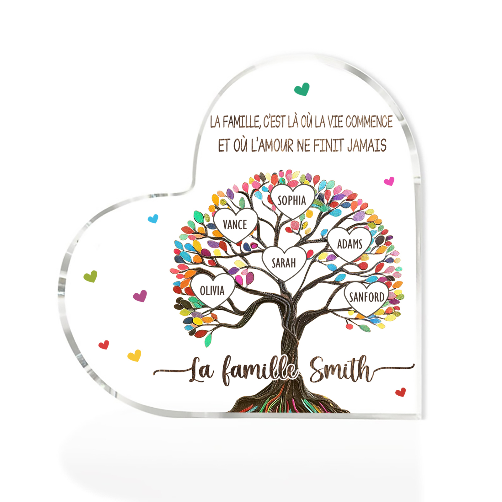 Plaque Acrylique Personnalisé avec 6 Prénoms et Textes Plaque Coeur Arbre de Vie Cadeau Famille | Jessemade