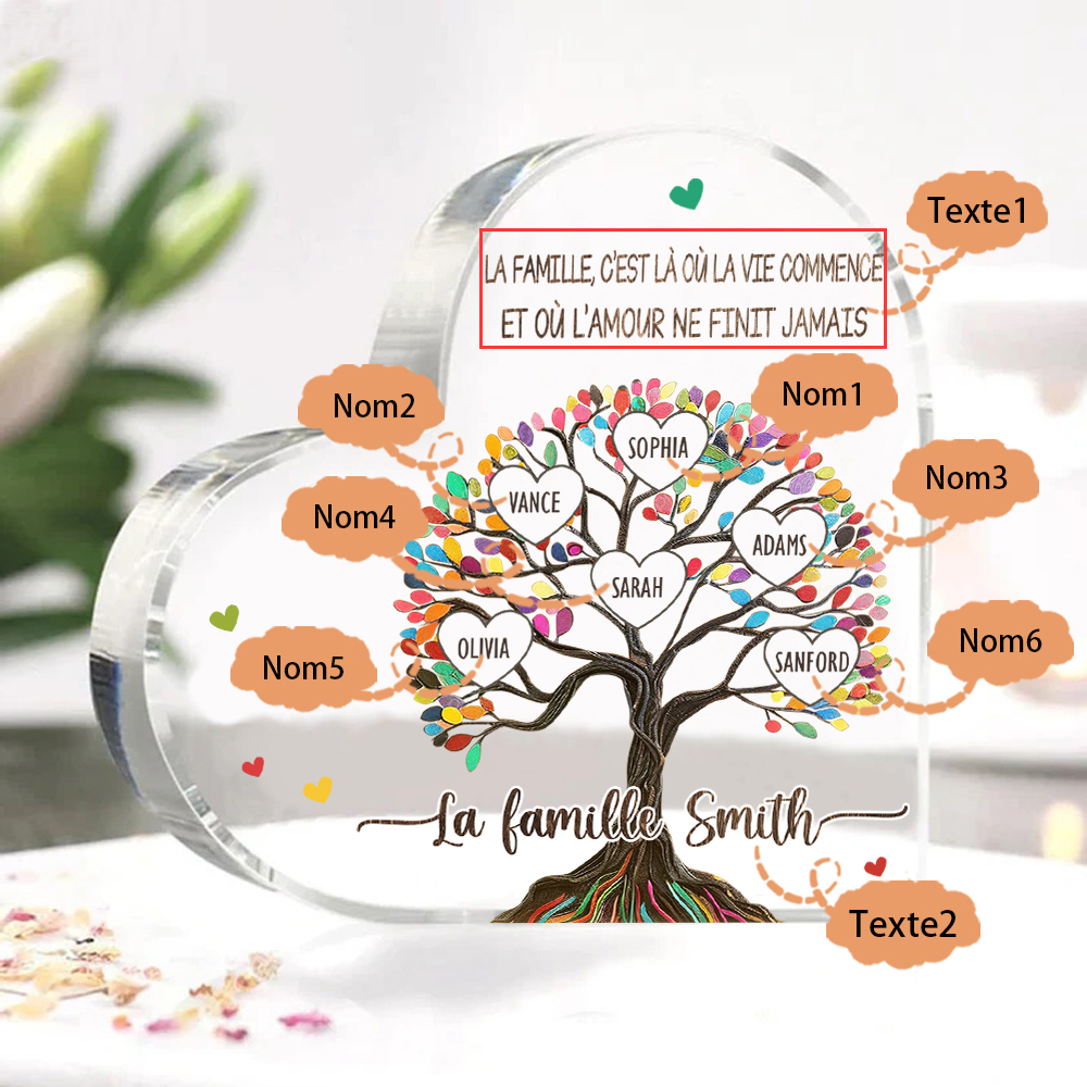 Plaque Acrylique Personnalisé avec 6 Prénoms et Textes Plaque Coeur Arbre de Vie Cadeau Famille | Jessemade