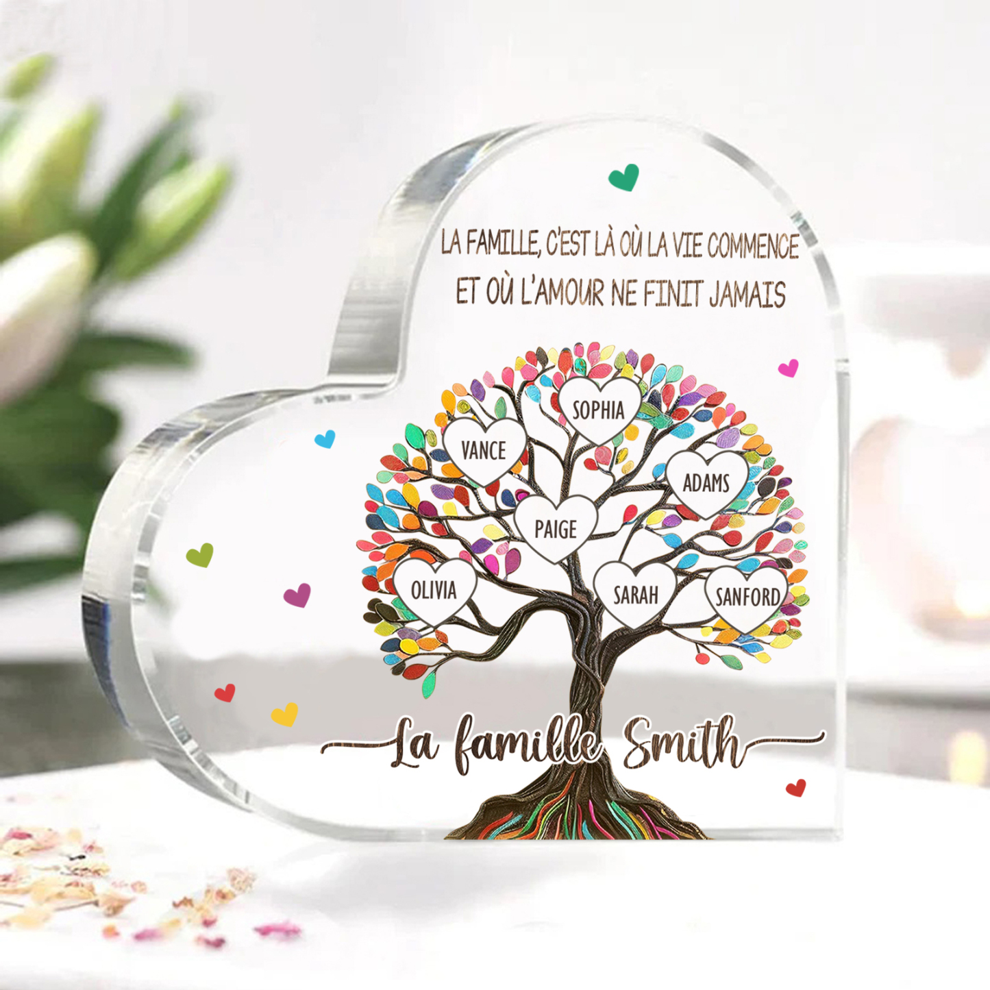 Plaque Acrylique Personnalisé avec 7 Prénoms et Textes Plaque Coeur Arbre de Vie Cadeau Famille | Jessemade