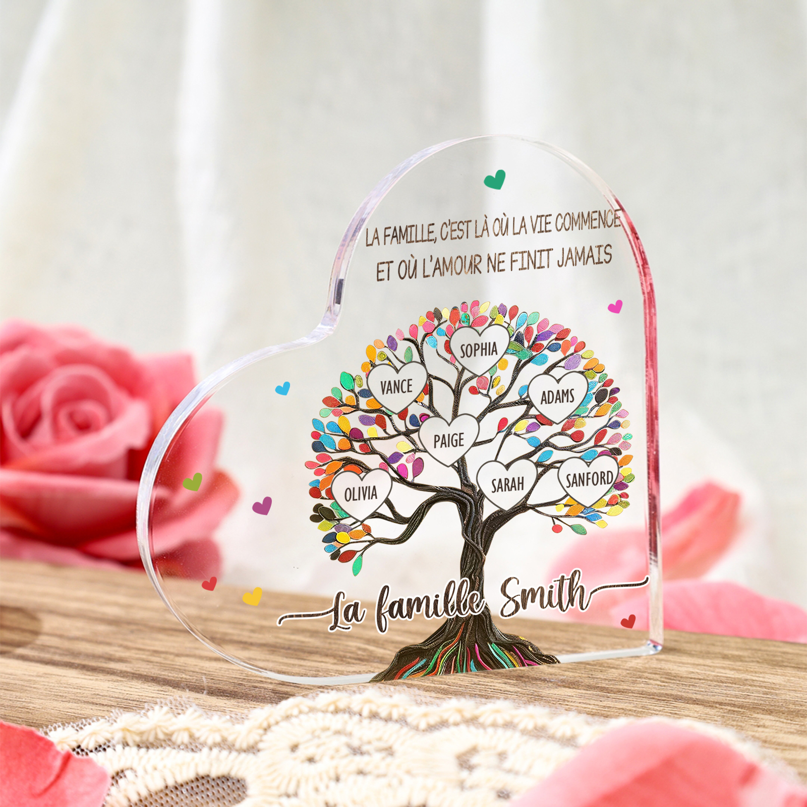 Plaque Acrylique Personnalisé avec 7 Prénoms et Textes Plaque Coeur Arbre de Vie Cadeau Famille | Jessemade
