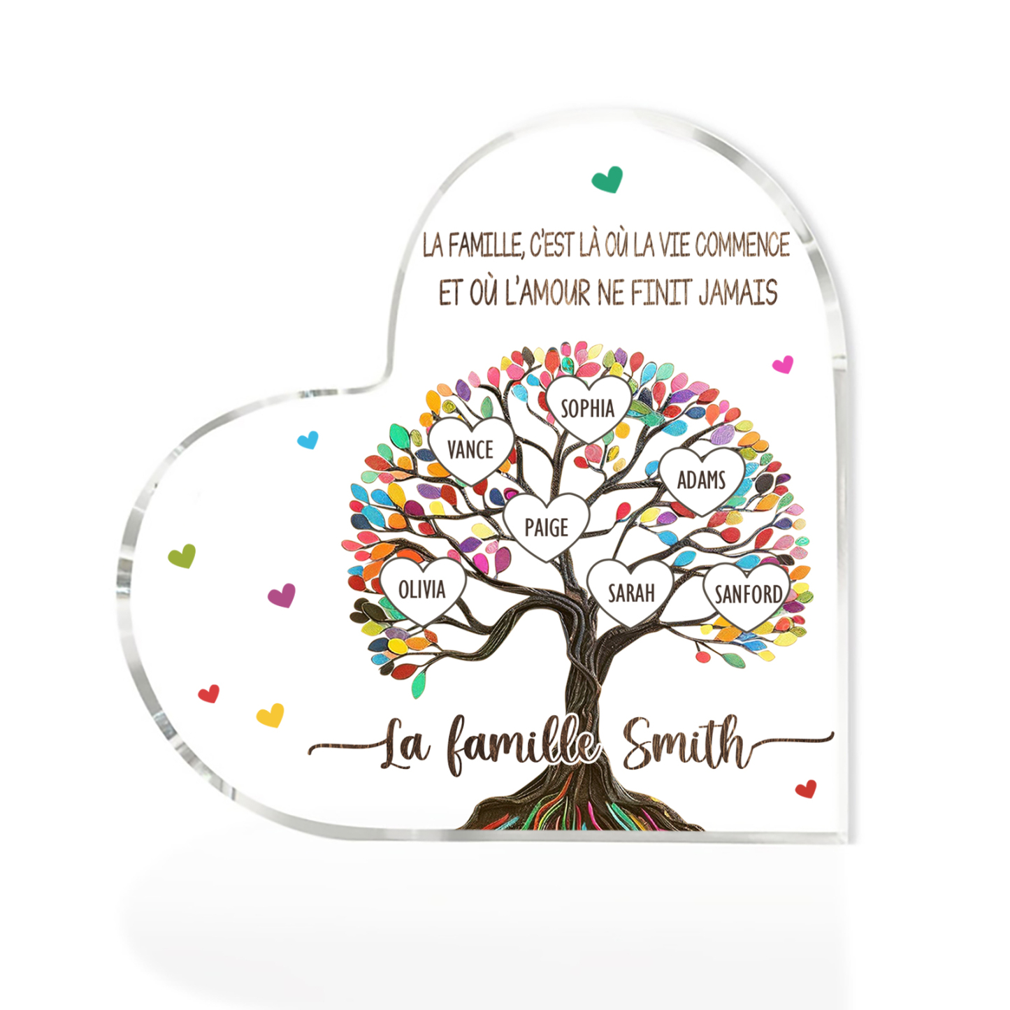 Plaque Acrylique Personnalisé avec 7 Prénoms et Textes Plaque Coeur Arbre de Vie Cadeau Famille | Jessemade