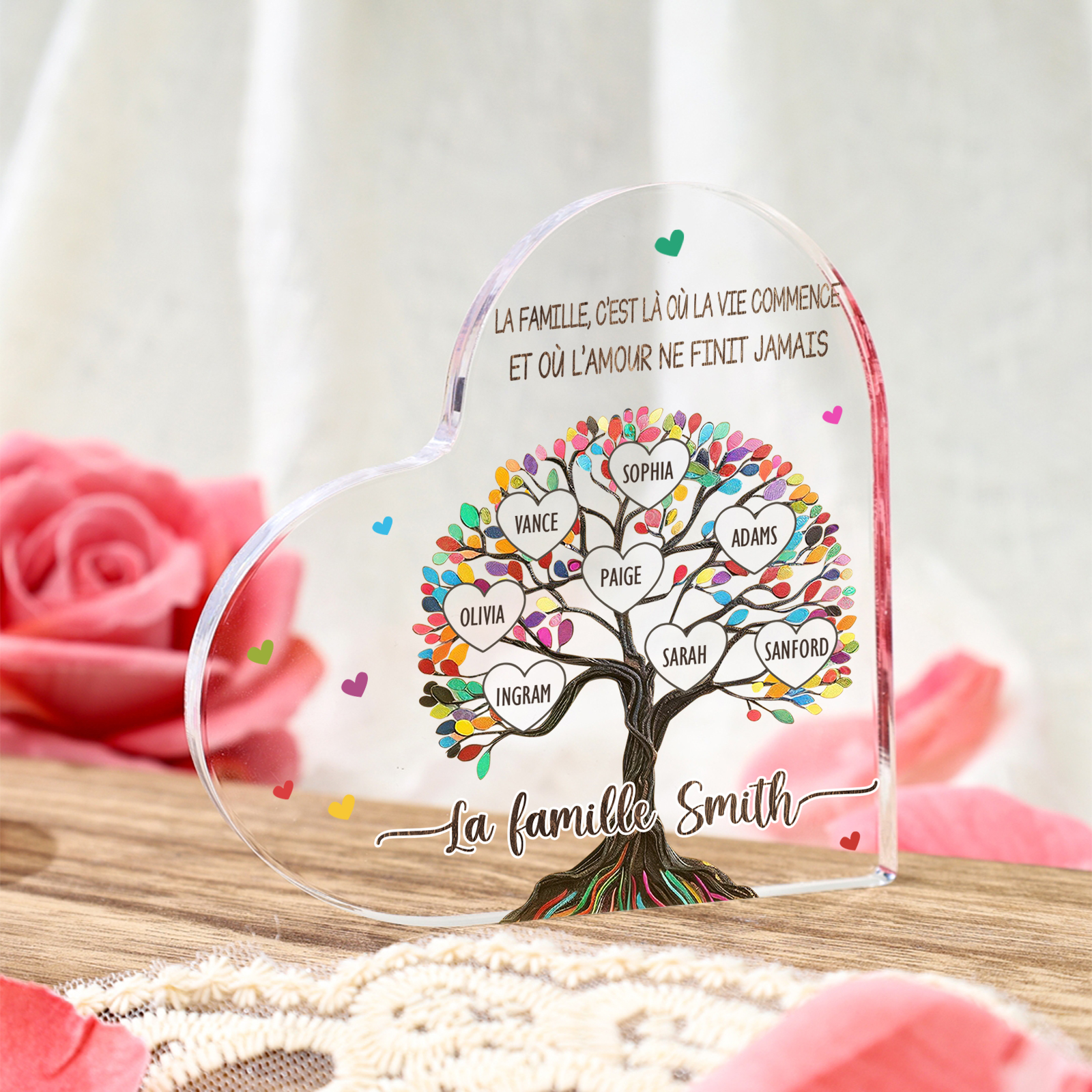 Plaque Acrylique Personnalisé avec 8 Prénoms et Textes Plaque Coeur Arbre de Vie Cadeau Famille | Jessemade