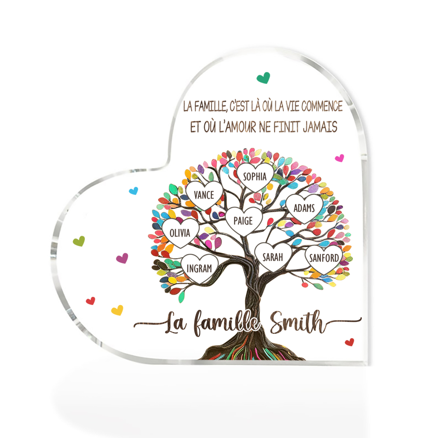 Plaque Acrylique Personnalisé avec 8 Prénoms et Textes Plaque Coeur Arbre de Vie Cadeau Famille | Jessemade