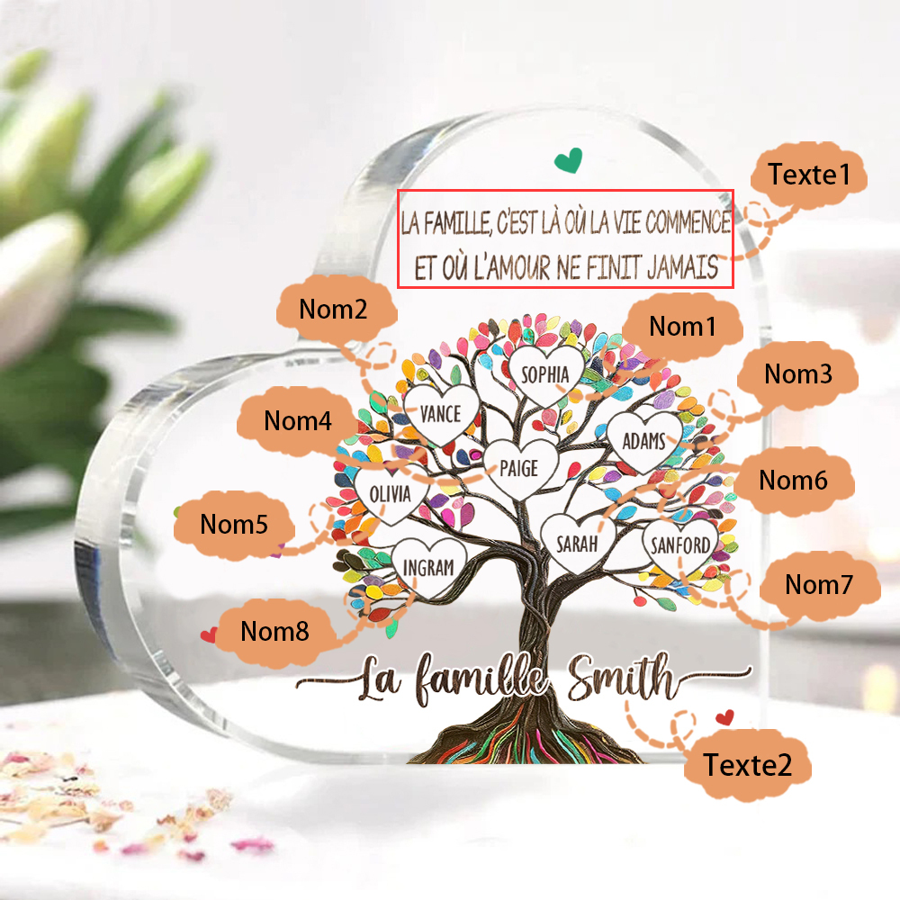 Plaque Acrylique Personnalisé avec 8 Prénoms et Textes Plaque Coeur Arbre de Vie Cadeau Famille | Jessemade