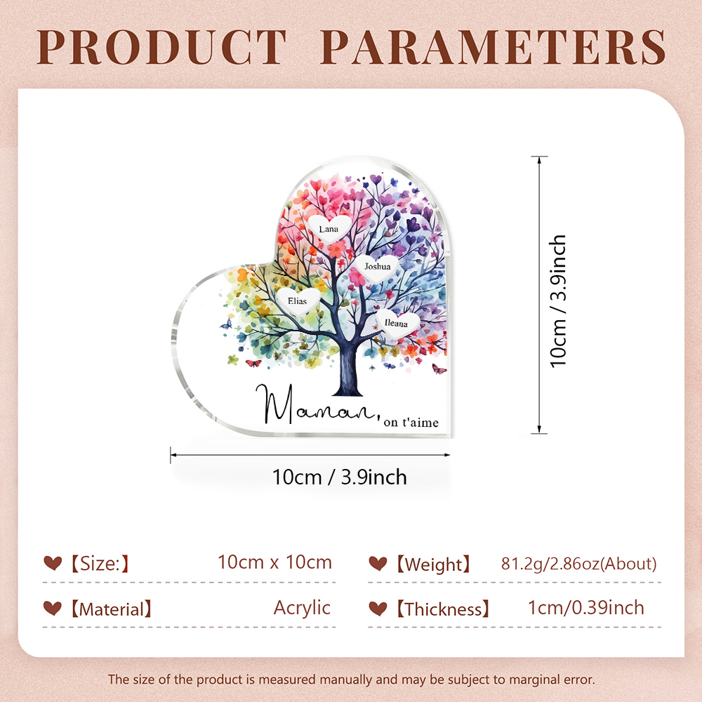 À Maman/Mamie - Plaque Acrylique 4 Prénoms Personnalisés avec Texte Coeur Arbre de Vie Cadeau Famille | Jessemade