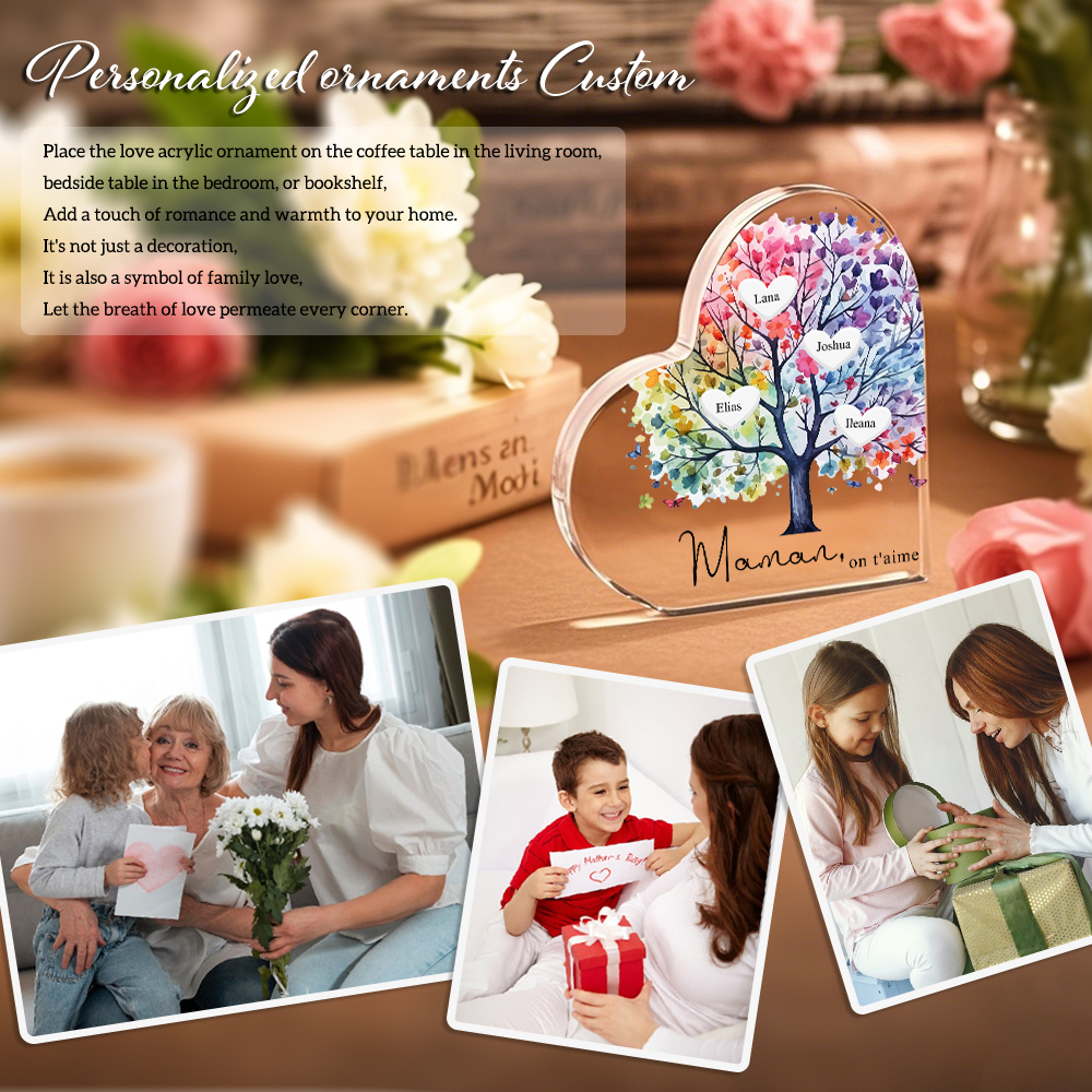 À Maman/Mamie - Plaque Acrylique 4 Prénoms Personnalisés avec Texte Coeur Arbre de Vie Cadeau Famille | Jessemade