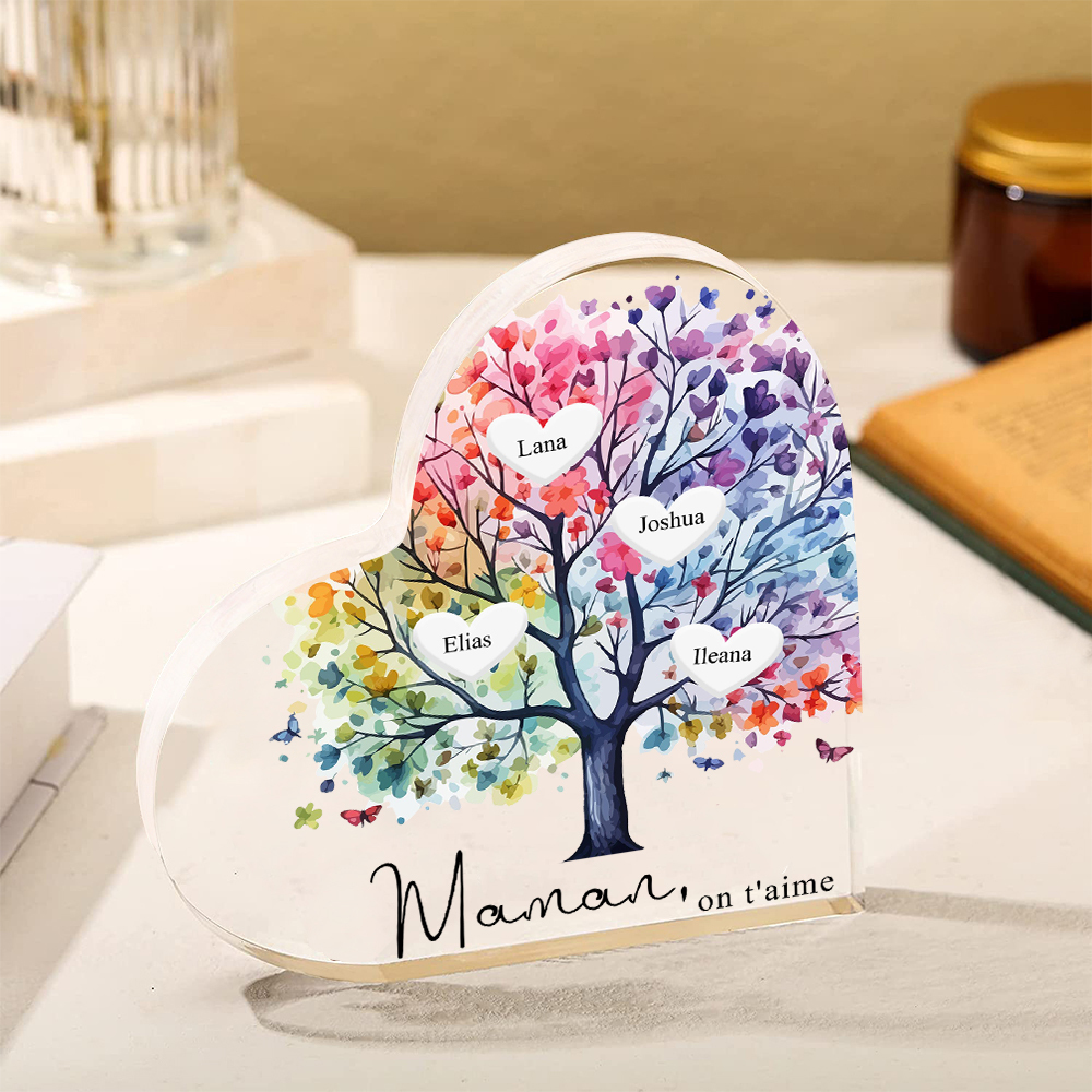 À Maman/Mamie - Plaque Acrylique 4 Prénoms Personnalisés avec Texte Coeur Arbre de Vie Cadeau Famille | Jessemade