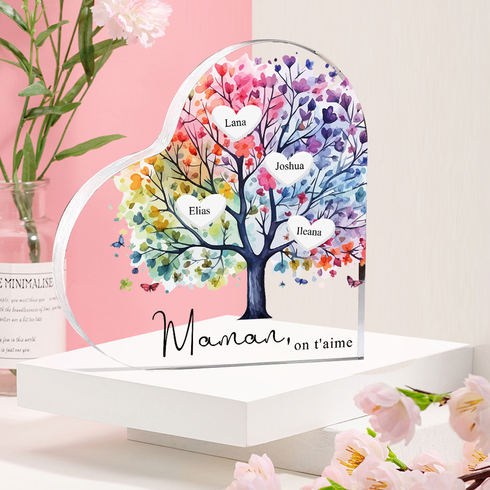 À Maman/Mamie - Plaque Acrylique 4 Prénoms Personnalisés avec Texte Coeur Arbre de Vie Cadeau Famille | Jessemade