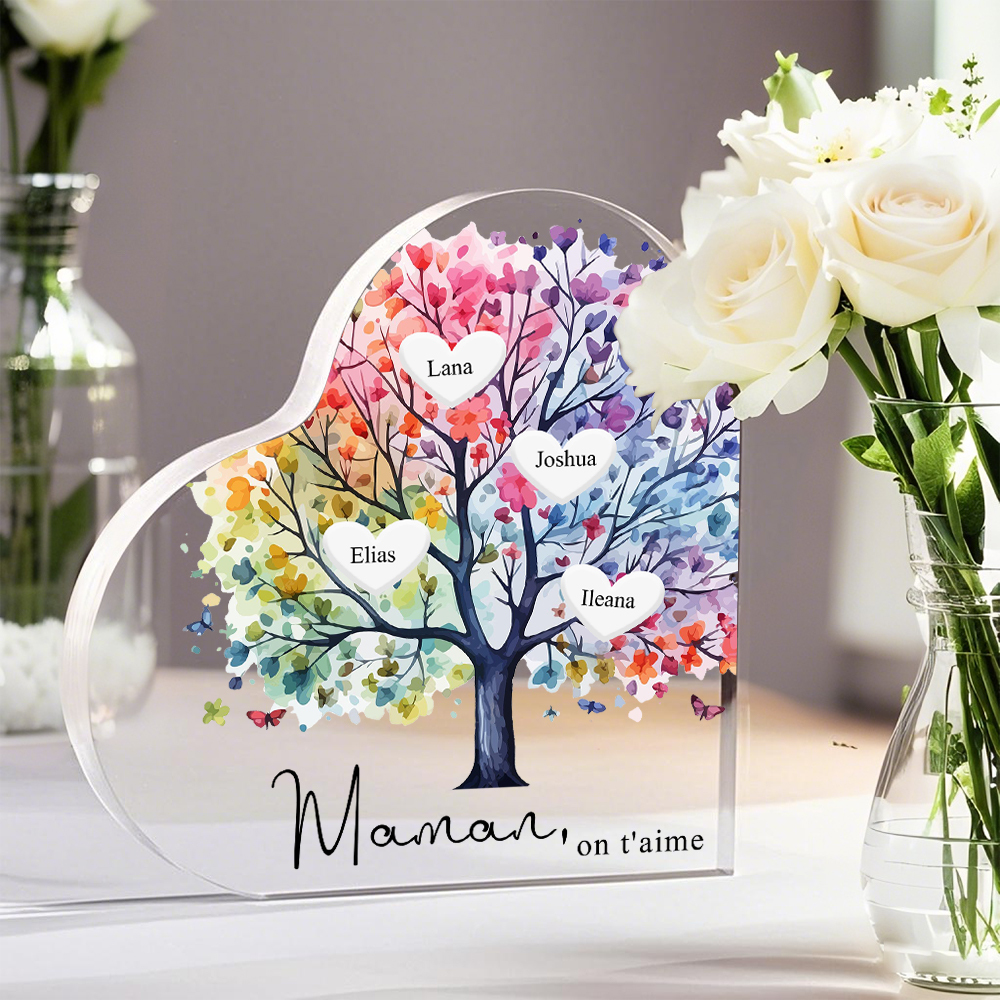 À Maman/Mamie - Plaque Acrylique 4 Prénoms Personnalisés avec Texte Coeur Arbre de Vie Cadeau Famille | Jessemade