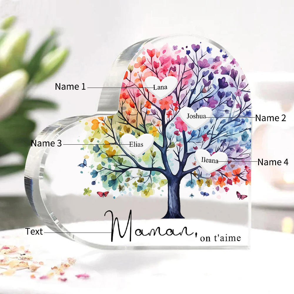 À Maman/Mamie - Plaque Acrylique 4 Prénoms Personnalisés avec Texte Coeur Arbre de Vie Cadeau Famille | Jessemade