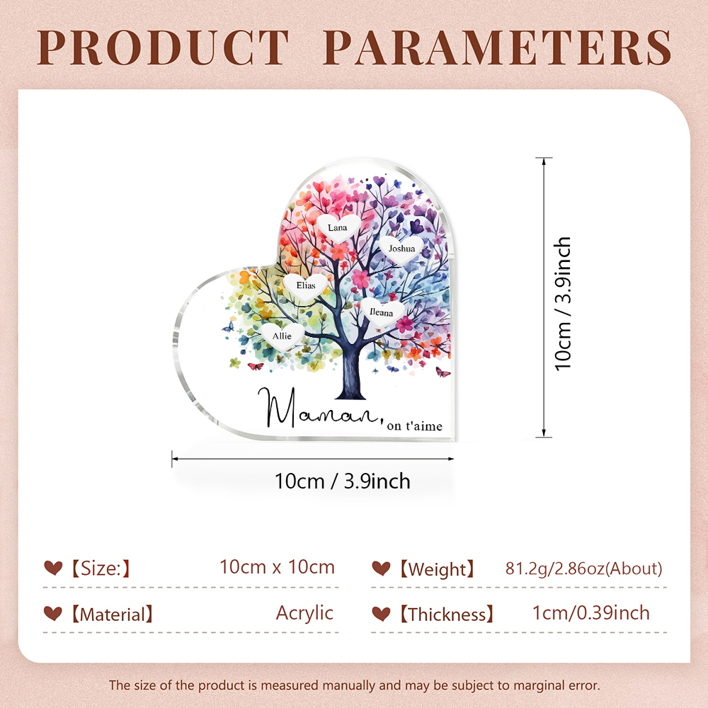 À Maman/Mamie - Plaque Acrylique 5 Prénoms Personnalisés avec Texte Coeur Arbre de Vie Cadeau Famille | Jessemade