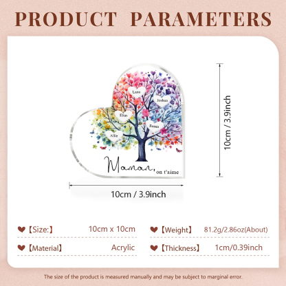 À Maman/Mamie - Plaque Acrylique 5 Prénoms Personnalisés avec Texte Coeur Arbre de Vie Cadeau Famille | Jessemade