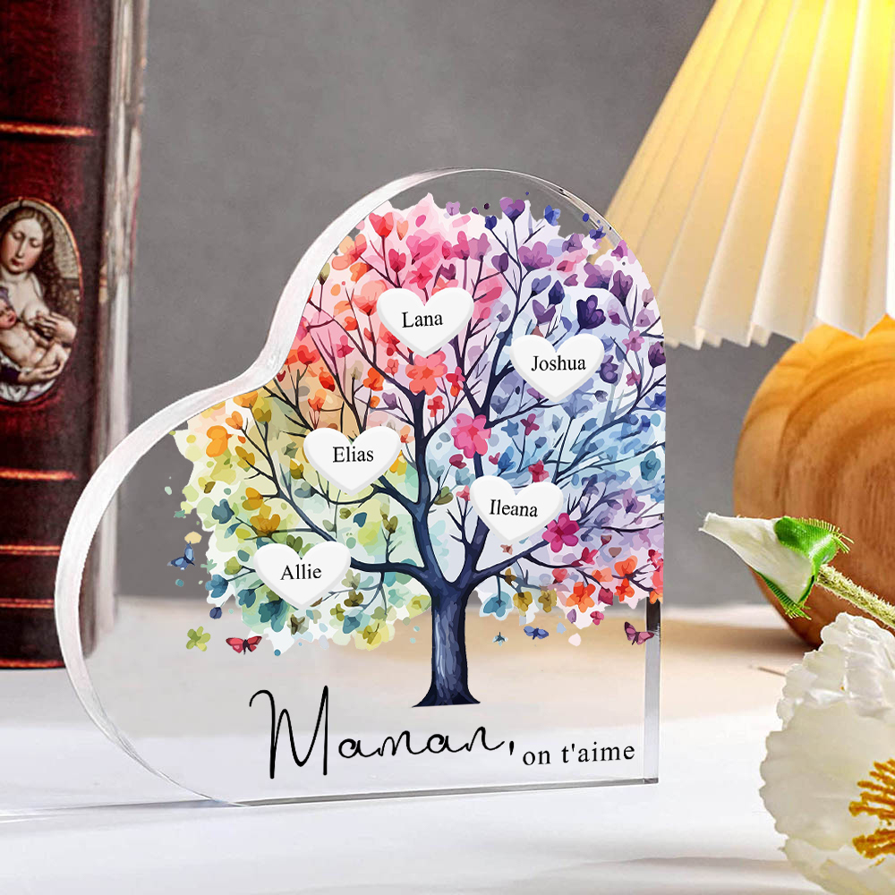 À Maman/Mamie - Plaque Acrylique 5 Prénoms Personnalisés avec Texte Coeur Arbre de Vie Cadeau Famille | Jessemade