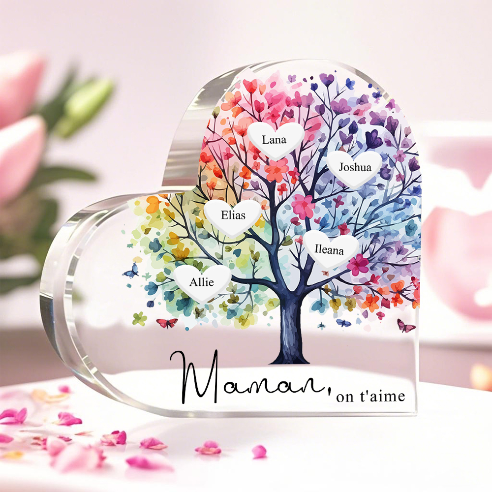 Bloc acrylique personnalisé en forme de cœur avec arbre de vie et prénoms cadeau sentimental pour maman | Jessemade