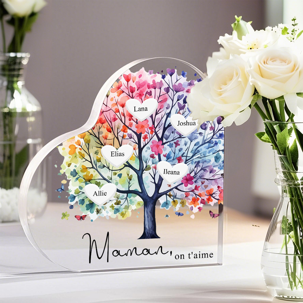 À Maman/Mamie - Plaque Acrylique 5 Prénoms Personnalisés avec Texte Coeur Arbre de Vie Cadeau Famille | Jessemade