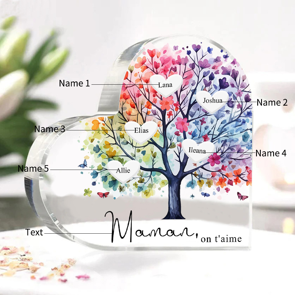 À Maman/Mamie - Plaque Acrylique 5 Prénoms Personnalisés avec Texte Coeur Arbre de Vie Cadeau Famille | Jessemade
