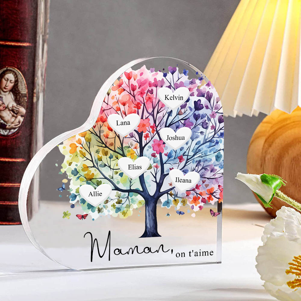 À Maman/Mamie - Plaque Acrylique 6 Prénoms Personnalisés avec Texte Coeur Arbre de Vie Cadeau Famille | Jessemade