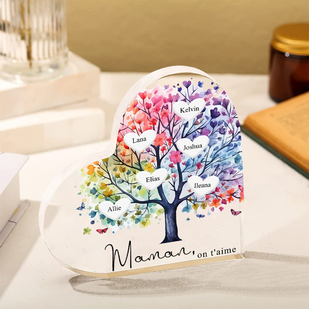 À Maman/Mamie - Plaque Acrylique 6 Prénoms Personnalisés avec Texte Coeur Arbre de Vie Cadeau Famille | Jessemade