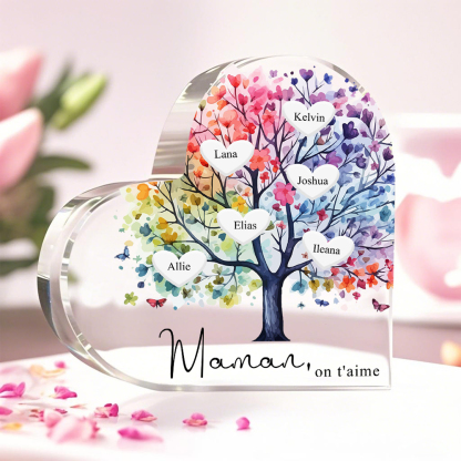 Bloc acrylique personnalisé en forme de cœur avec arbre de vie et prénoms cadeau sentimental pour maman | Jessemade