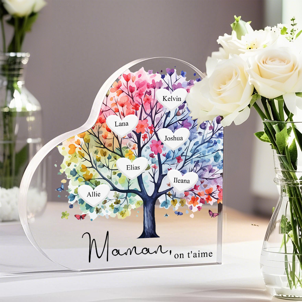 À Maman/Mamie - Plaque Acrylique 6 Prénoms Personnalisés avec Texte Coeur Arbre de Vie Cadeau Famille | Jessemade