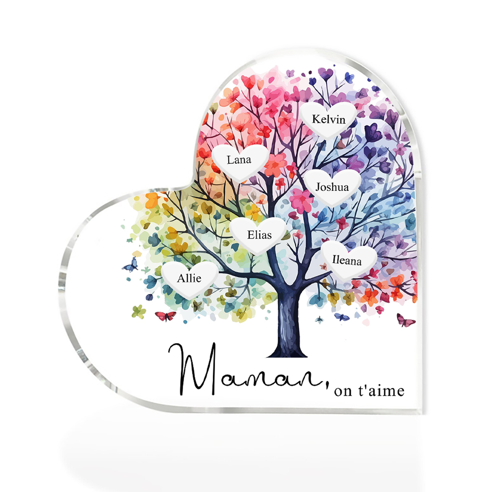À Maman/Mamie - Plaque Acrylique 6 Prénoms Personnalisés avec Texte Coeur Arbre de Vie Cadeau Famille | Jessemade