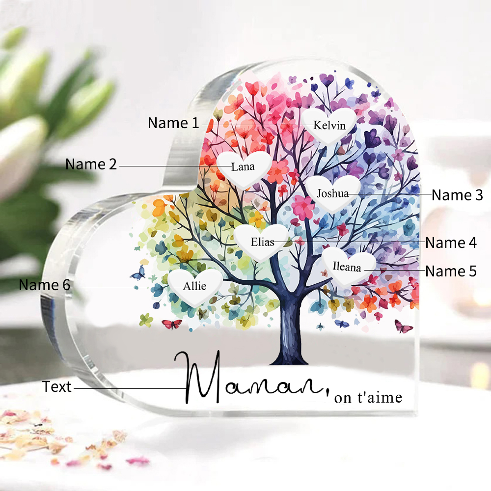 À Maman/Mamie - Plaque Acrylique 6 Prénoms Personnalisés avec Texte Coeur Arbre de Vie Cadeau Famille | Jessemade