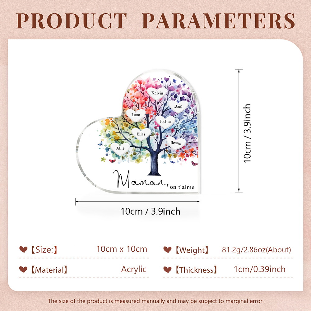 À Maman/Mamie - Plaque Acrylique 7 Prénoms Personnalisés avec Texte Coeur Arbre de Vie Cadeau Famille | Jessemade