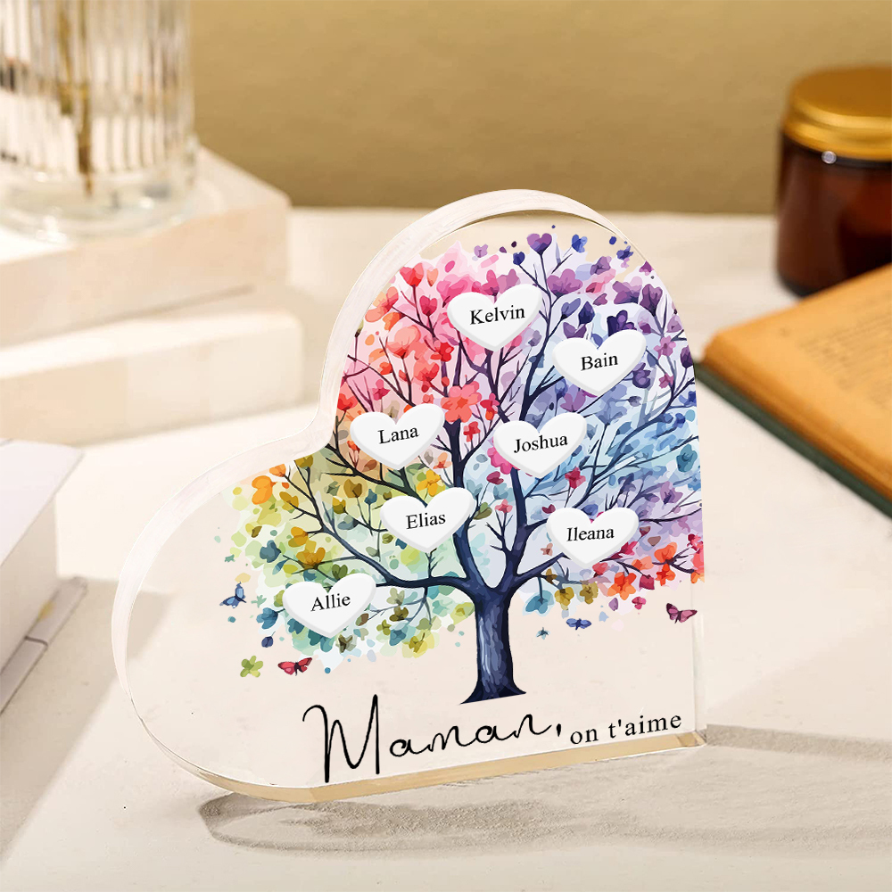 À Maman/Mamie - Plaque Acrylique 7 Prénoms Personnalisés avec Texte Coeur Arbre de Vie Cadeau Famille | Jessemade
