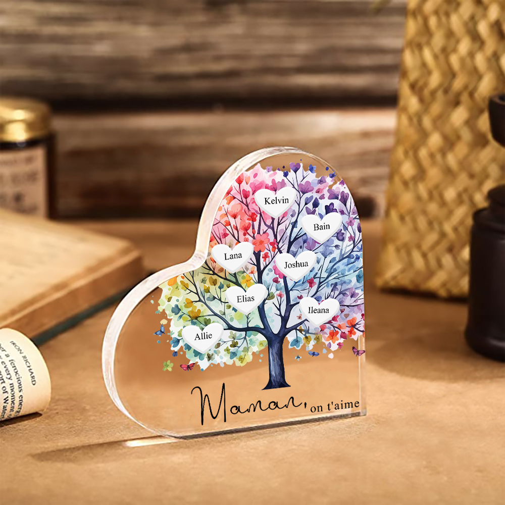 À Maman/Mamie - Plaque Acrylique 7 Prénoms Personnalisés avec Texte Coeur Arbre de Vie Cadeau Famille | Jessemade