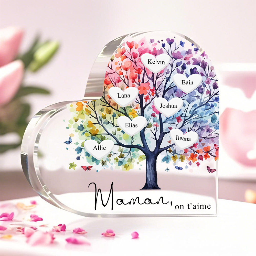 Bloc acrylique personnalisé en forme de cœur avec arbre de vie et prénoms cadeau unique pour maman | Jessemade