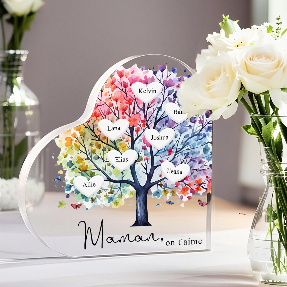 À Maman/Mamie - Plaque Acrylique 7 Prénoms Personnalisés avec Texte Coeur Arbre de Vie Cadeau Famille | Jessemade