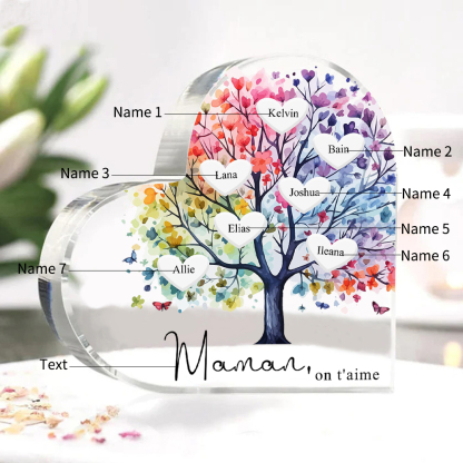 À Maman/Mamie - Plaque Acrylique 7 Prénoms Personnalisés avec Texte Coeur Arbre de Vie Cadeau Famille | Jessemade