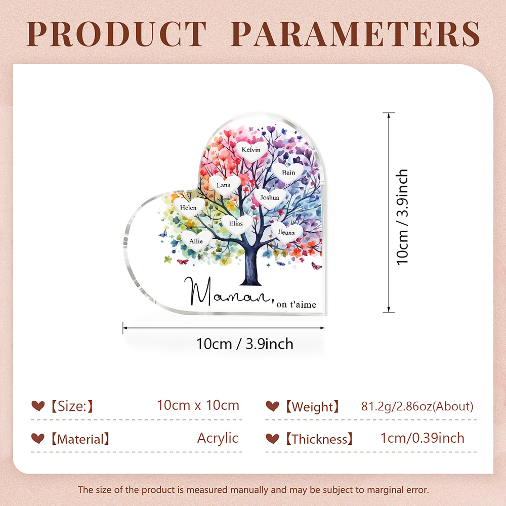 À Maman/Mamie - Plaque Acrylique 8 Prénoms Personnalisés avec Texte Coeur Arbre de Vie Cadeau Famille | Jessemade
