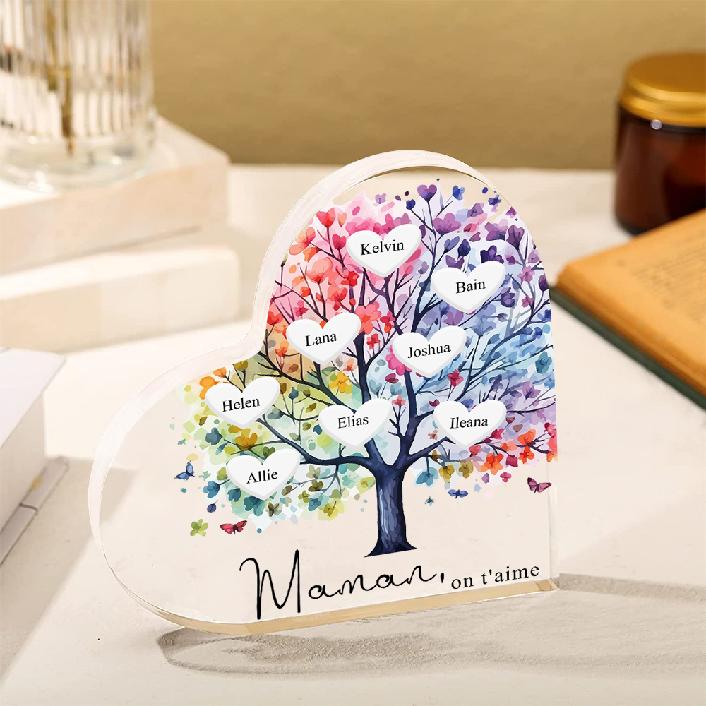 À Maman/Mamie - Plaque Acrylique 8 Prénoms Personnalisés avec Texte Coeur Arbre de Vie Cadeau Famille | Jessemade