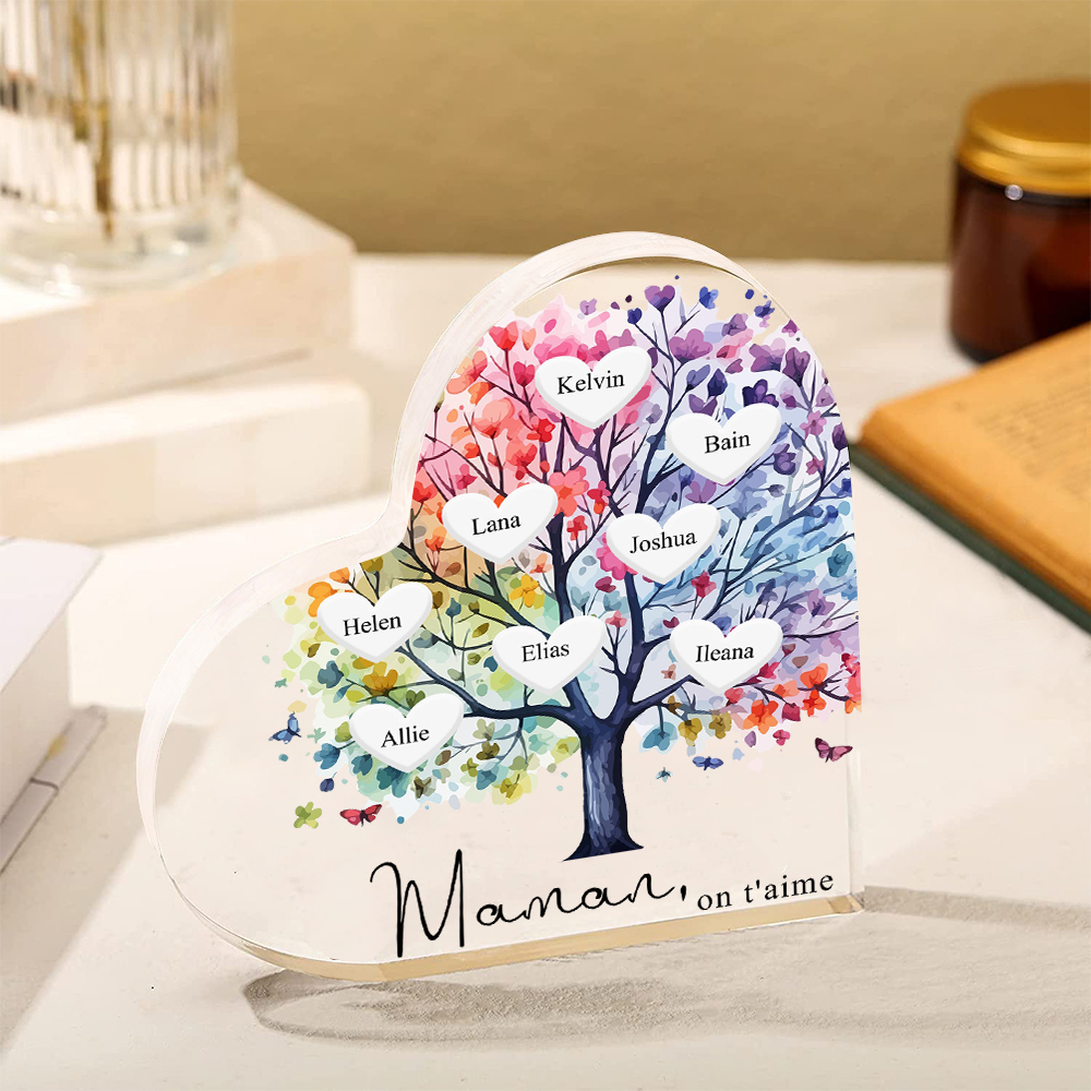 À Maman/Mamie - Plaque Acrylique 8 Prénoms Personnalisés avec Texte Coeur Arbre de Vie Cadeau Famille | Jessemade