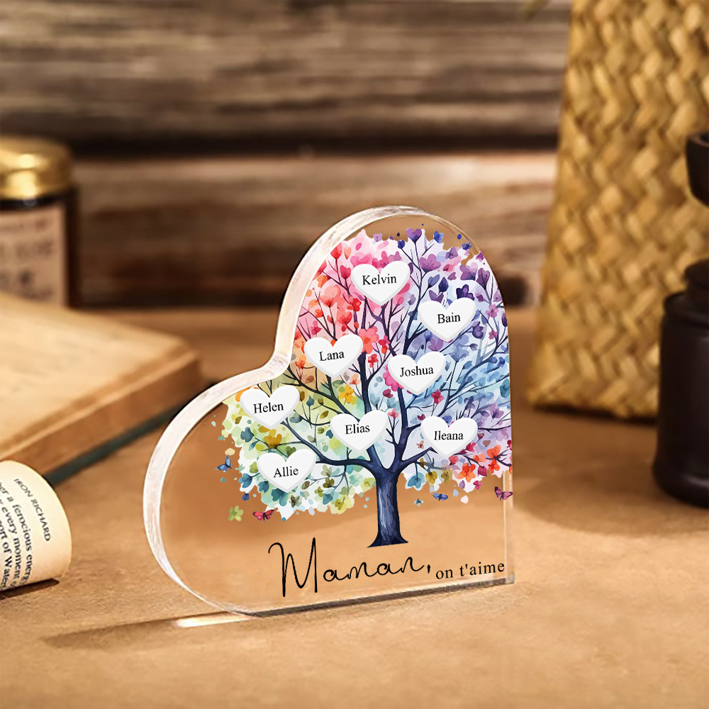 À Maman/Mamie - Plaque Acrylique 8 Prénoms Personnalisés avec Texte Coeur Arbre de Vie Cadeau Famille | Jessemade