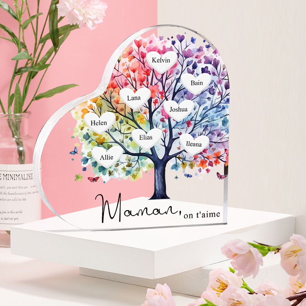 À Maman/Mamie - Plaque Acrylique 8 Prénoms Personnalisés avec Texte Coeur Arbre de Vie Cadeau Famille | Jessemade