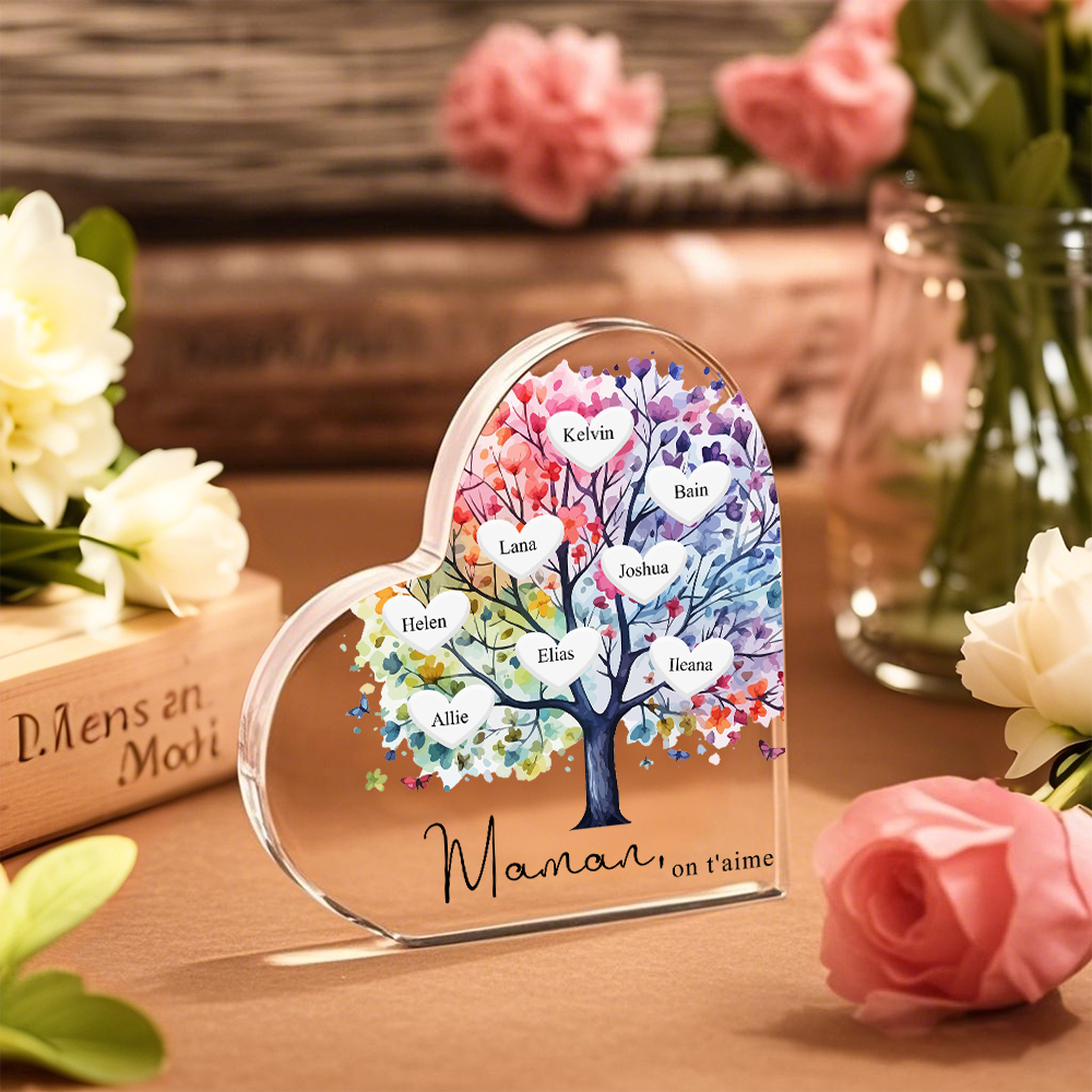 À Maman/Mamie - Plaque Acrylique 8 Prénoms Personnalisés avec Texte Coeur Arbre de Vie Cadeau Famille | Jessemade