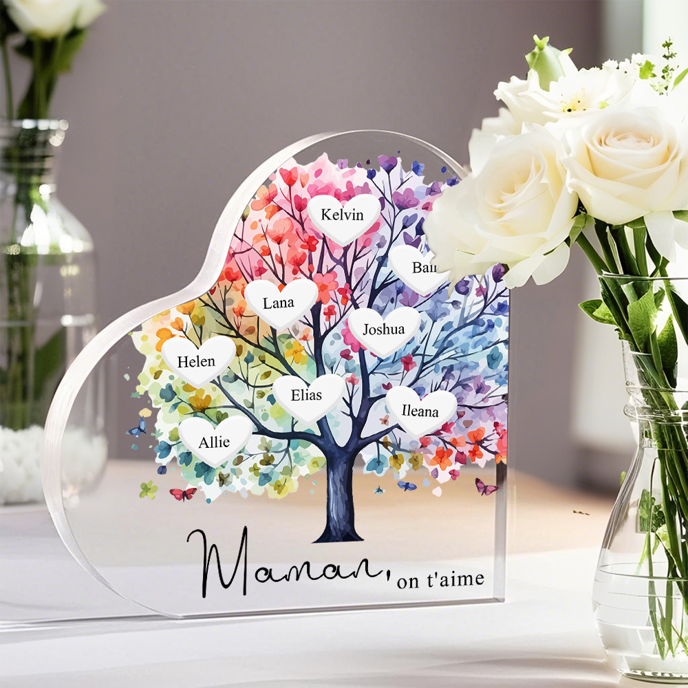 À Maman/Mamie - Plaque Acrylique 8 Prénoms Personnalisés avec Texte Coeur Arbre de Vie Cadeau Famille | Jessemade