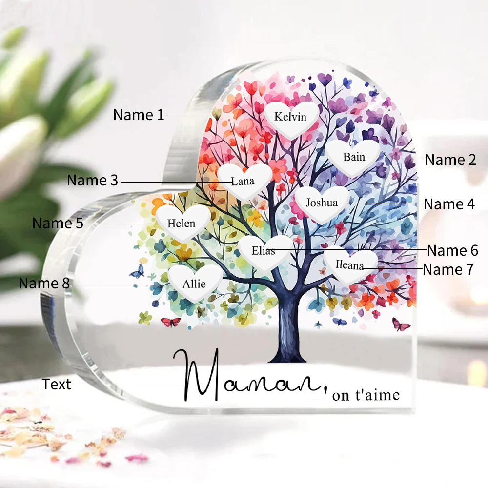 À Maman/Mamie - Plaque Acrylique 8 Prénoms Personnalisés avec Texte Coeur Arbre de Vie Cadeau Famille | Jessemade