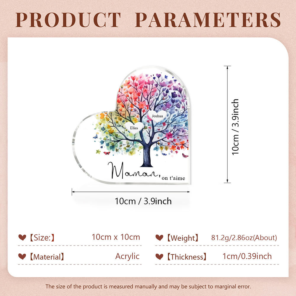 À Maman/Mamie - Plaque Acrylique 2 Prénoms Personnalisés avec Texte Coeur Arbre de Vie Cadeau Famille | Jessemade