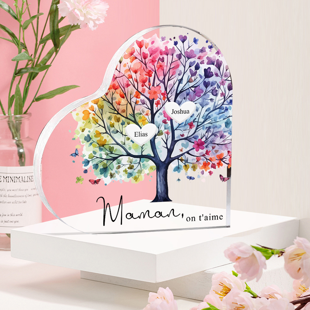 À Maman/Mamie - Plaque Acrylique 2 Prénoms Personnalisés avec Texte Coeur Arbre de Vie Cadeau Famille | Jessemade