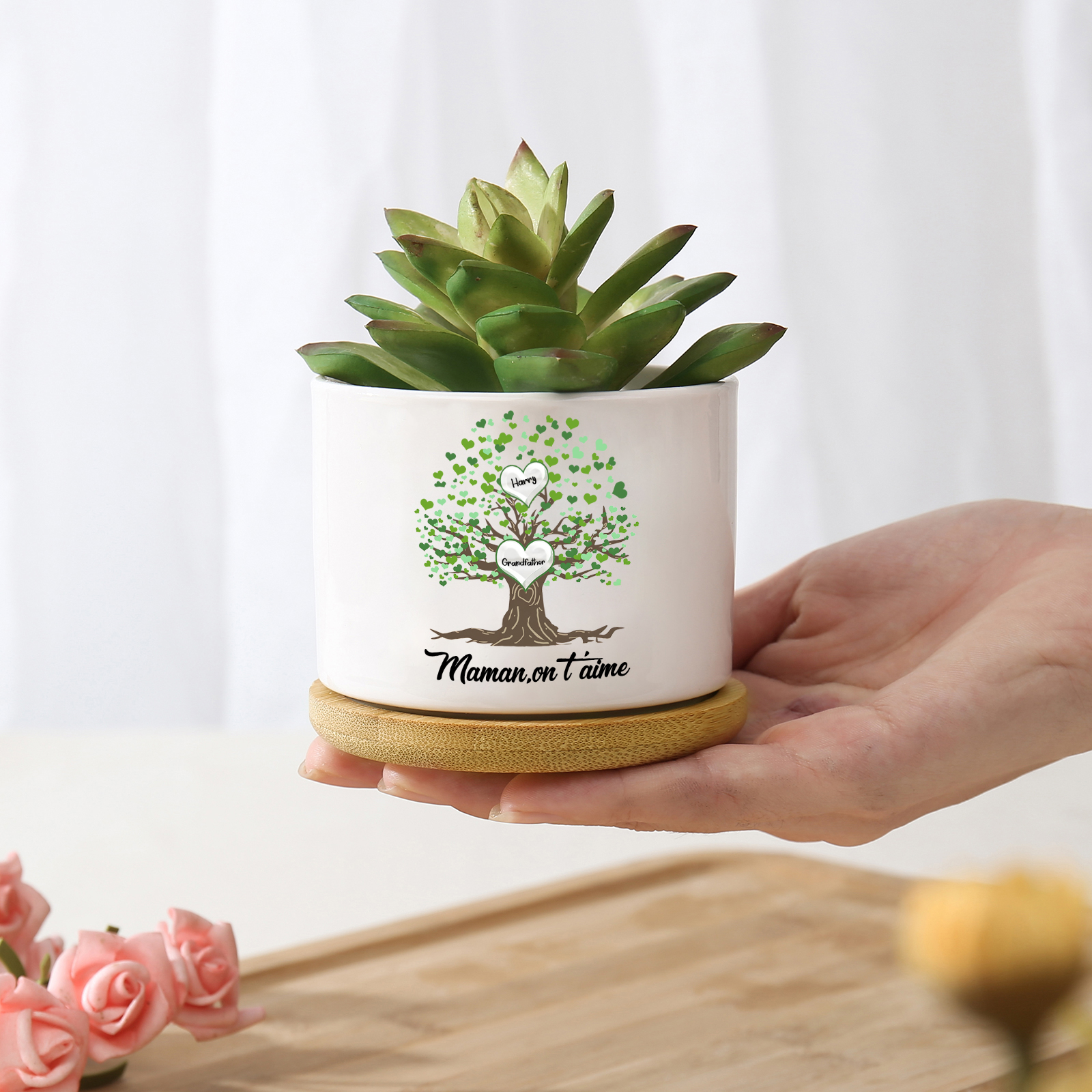 À Maman - Vase/Pot de Fleurs 2 Prénoms et 1 Texte Personnalisés avec Arbre de Vie Décoration de la Maison (sans plantes) | Jessemade
