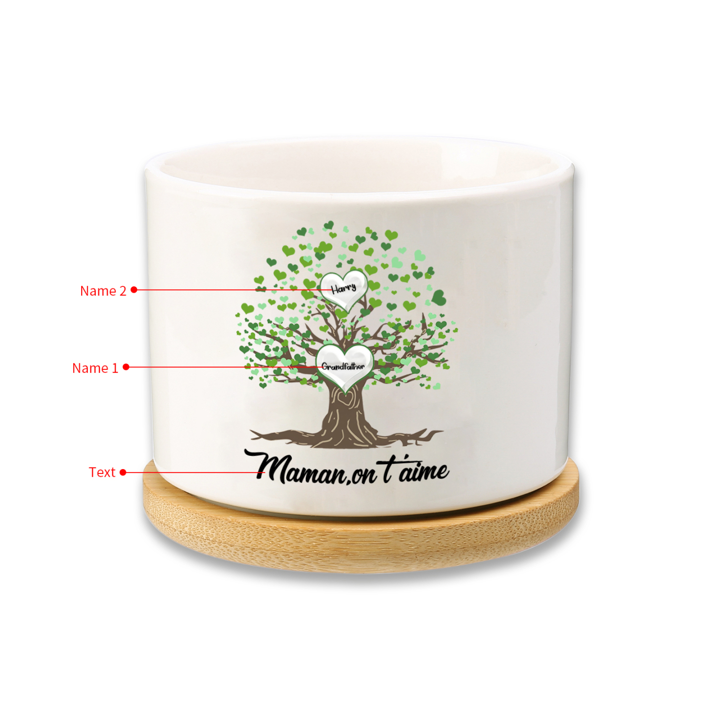 À Maman - Vase/Pot de Fleurs 2 Prénoms et 1 Texte Personnalisés avec Arbre de Vie Décoration de la Maison (sans plantes) | Jessemade