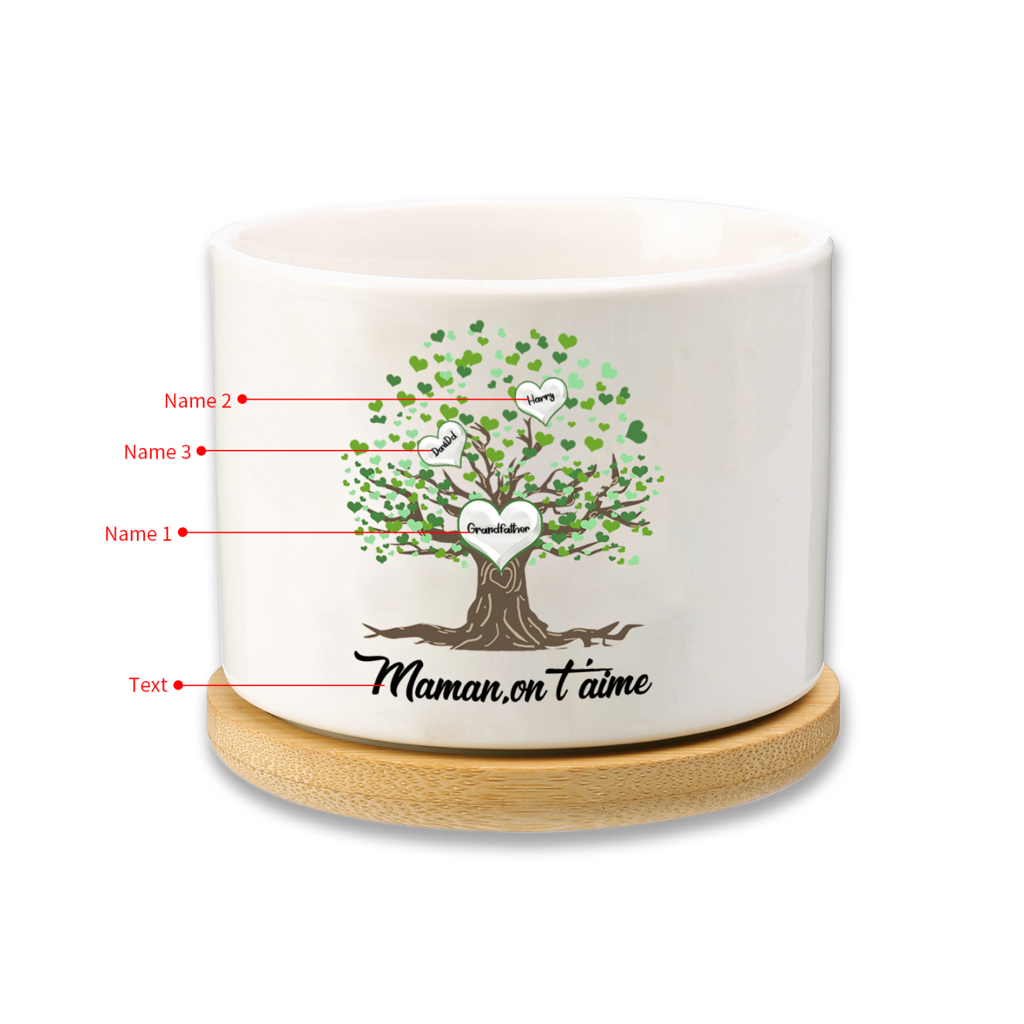 À Maman - Vase/Pot de Fleurs 3 Prénoms et 1 Texte Personnalisés avec Arbre de Vie Décoration de la Maison (sans plantes) | Jessemade