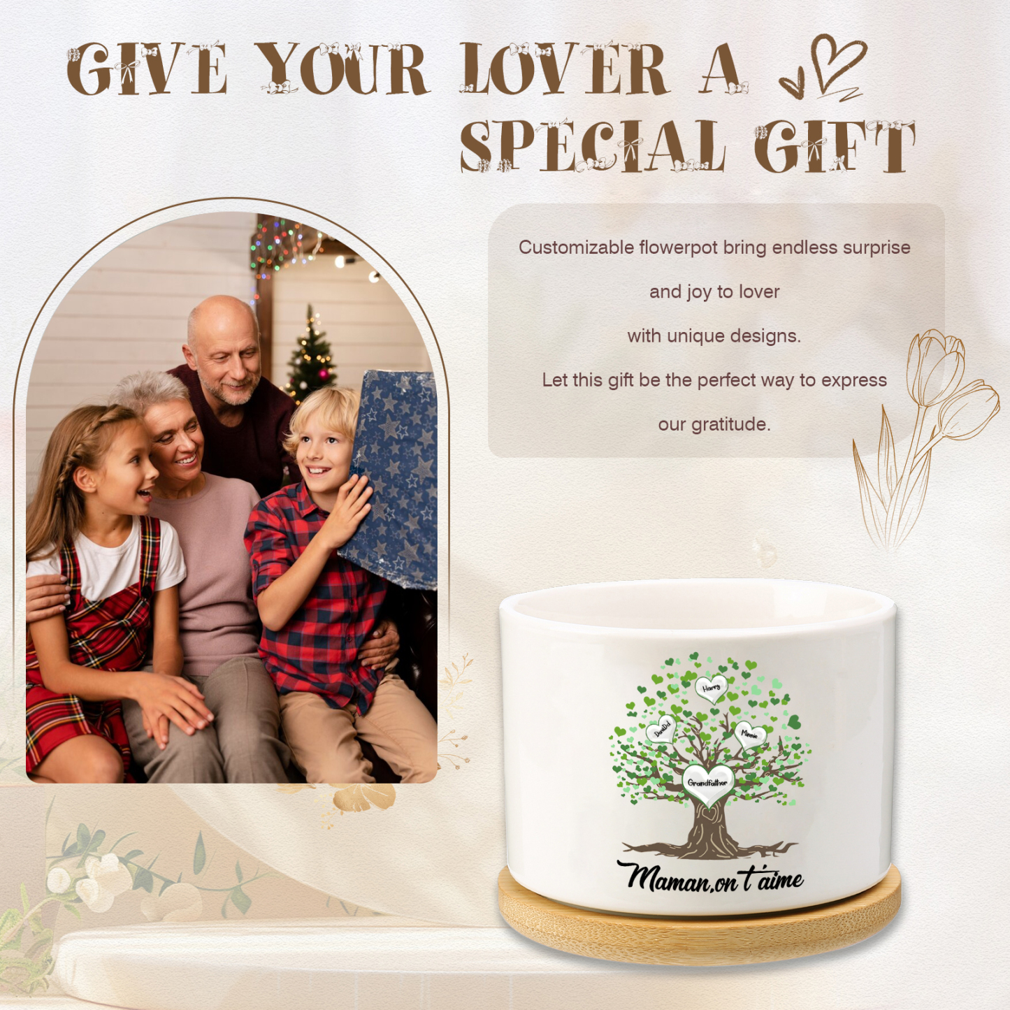 À Maman - Vase/Pot de Fleurs 4 Prénoms et 1 Texte Personnalisés avec Arbre de Vie Décoration de la Maison (sans plantes) | Jessemade