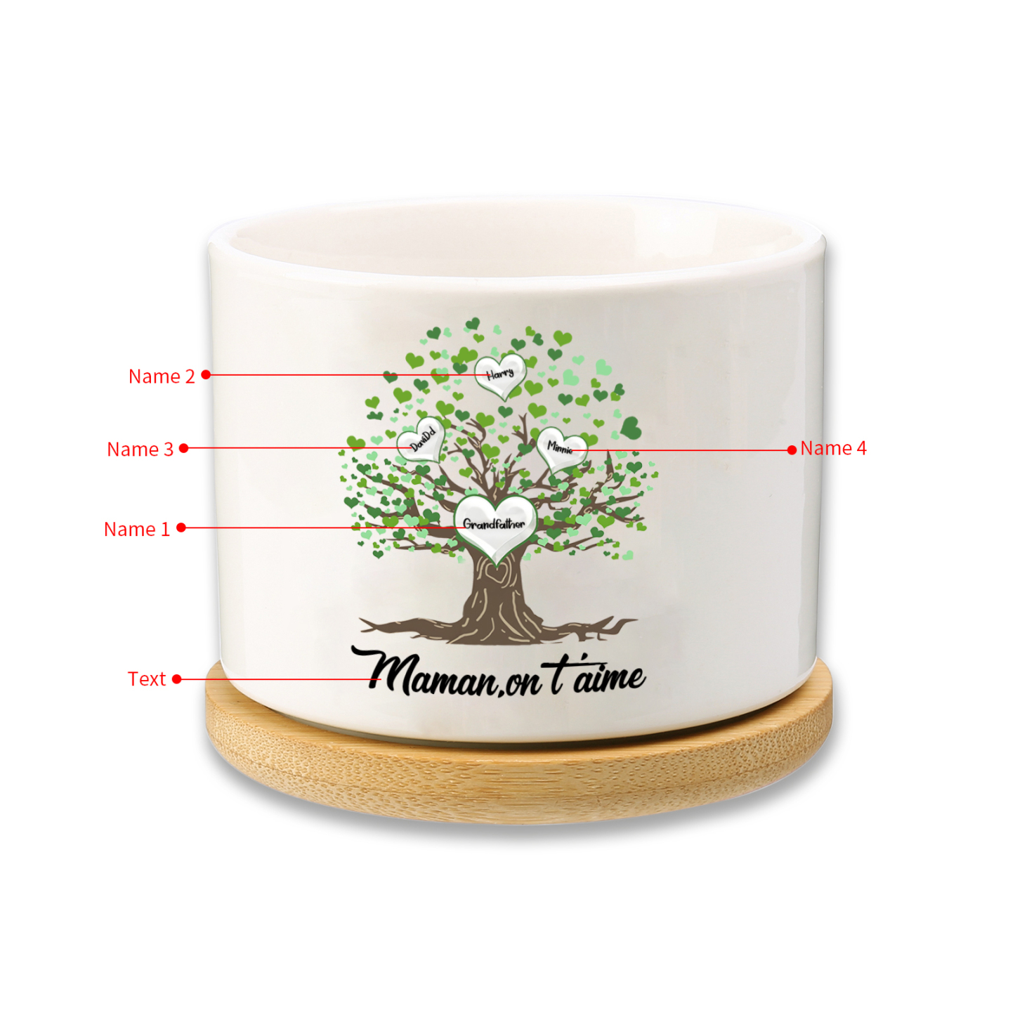 À Maman - Vase/Pot de Fleurs 4 Prénoms et 1 Texte Personnalisés avec Arbre de Vie Décoration de la Maison (sans plantes) | Jessemade