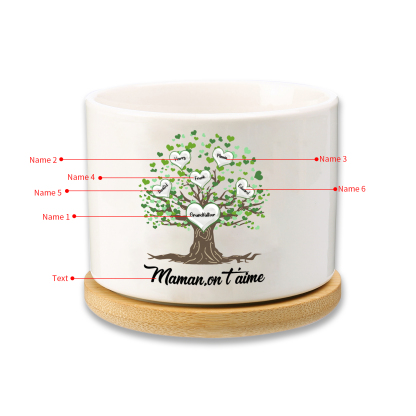 À Maman - Vase/Pot de Fleurs 6 Prénoms et 1 Texte Personnalisés avec Arbre de Vie Décoration de la Maison (sans plantes) | Jessemade